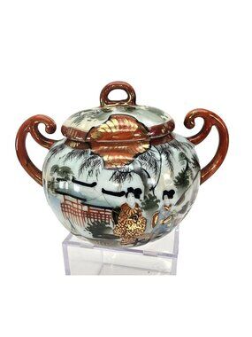 Vintage Japanese Sugar Bowl Hand-Painted Porcelain Lidded With Handles JE322